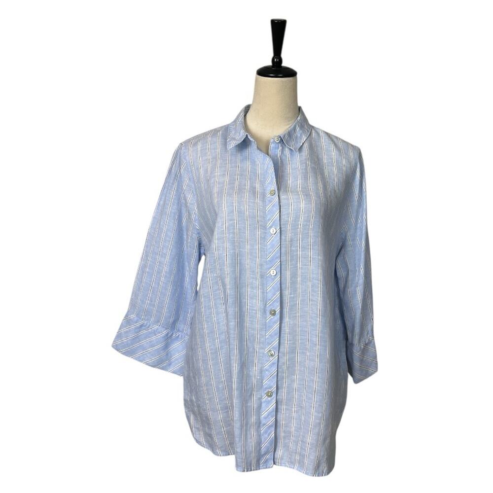 Chico’s Size 2 Shirt Button Down Collar Linen 3/4 Sleeve Blue Stripe Women’s 12